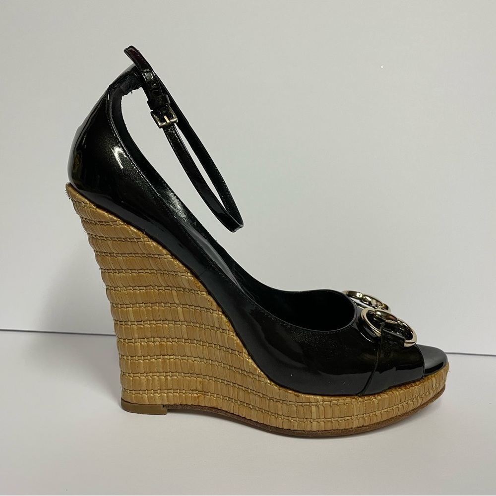 Gucci patent leather ankle strap Black Wedge Sandals pumps heels 6.5 B - Picture 2 of 10